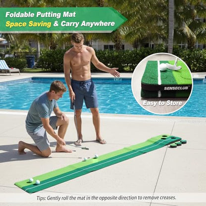 SENSECLUB Indoor Putting Green, Foldable Putting Mat Golf Game Set, Golf Gifts for Men with Ball-Collect System - style: Green 3 caps