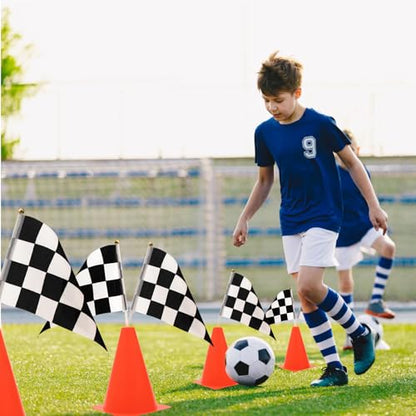 AHIER 38 Pcs Traffic Cones and Racing Flags Set - 12 Plastic Cones With Hole, 24 Checkered Flags With Sticks, 6.5Ft Racetrack Floor Runner and 9.8ft Race Track Banner