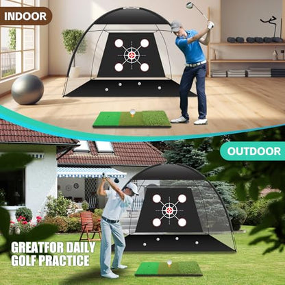 Golf Net Practice 10x7ft with Tri-Turf Mat & Real Balls Set Indoor Outdoor Golf Training Equipment for Backyard Driving Practice Enthusiast Gifts