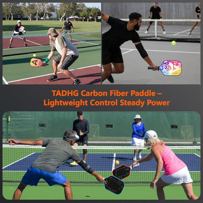 TADHG Pickleball Paddle Set 2 Lightweight 8.4oz Paddles with Honeycomb Core Spin-Friendly Surface 4 Balls - color: 04.Rainbow