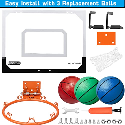 Mini Basketball Hoop Set for Kids Adults, Indoor Play Wall Mount Basketball Hoop for Door with 4 Small Replacement Toddler Basketballs, ABS Backboard Metal Rim Goal Sport Gifts for Pool Game Fun - style: Standard + Rainbow Rubber Basketballs