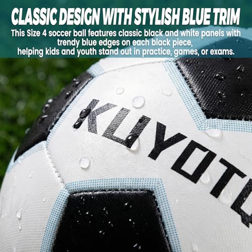 KUYOTQ Kids Youth Soccer Ball Size 4 Boys Leather Machine Stitched Hidden Stitch White Black Soccer Ball with Blue Trim for Boys Girls, Durable Strength and Water Resistance for Training and Match