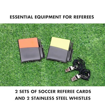 Soccer Referee Kit 2 Sets 2 Pieces Red Warning Yellow Cards with 2 Pieces Stainless Steel Referee Whistles Wallet Record Notebook Pencil