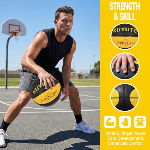 KUYOTQ 3LBS/3.3LBS/2.2LBS Weighted Heavy Training Basketball 29.5/28.5" in and Outdoor Improving Handling Dribbling Passing Rebounding Skill Composite Size 7/6 Weighted Training Basketball Equipment - color: Black,yellow Weighted Basketball 3LBS/1.3KG, si