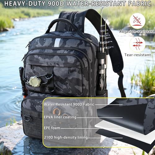Fishing Backpack with Tackle Boxes and Rod Holder, 24L Fishing Sling Bag with Fishing Lures Kit, Fishing Gear Bag Gifts for Men Women - Black Camo Backpack