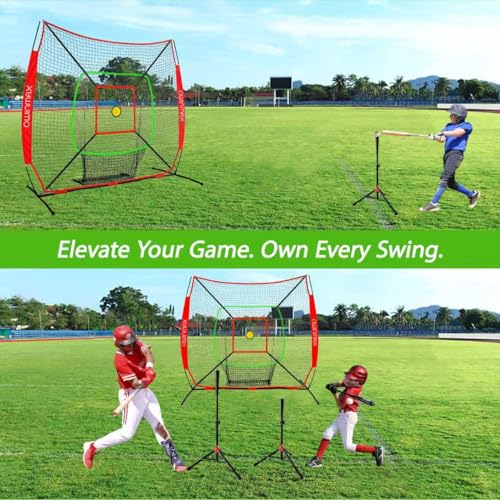 7x7 FT Baseball Net, Baseball & Softball Training net with Batting Tee, Strike Zone & Circular Target and Weighted Ball, Portable Design with Compact Storage