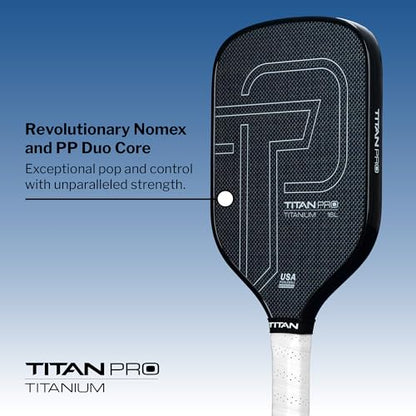 Titan Pro Titanium Carbon Fiber Pickleball Paddle – T700 Carbon Fiber Face, Electroplated Titanium, Nomex Duo Core, USA Pickleball Approved, 14mm & 16mm – Intermediate to Advanced Players