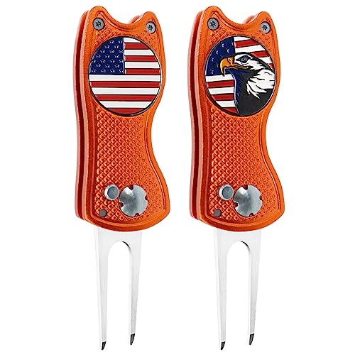 FINGER TEN Golf Divot Repair Tool and Ball Marker Switchblade Value Pack, Foldable Magnetic Stainless Steel with Pop-up Button for Men Women - color: 2 in Orange+2 Ball Marker