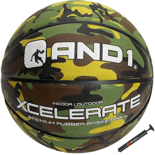 AND1 Xcelerate Rubber Basketball: Official Regulation Streetball, Made for Indoor/Outdoor Games - color: Green Camo, style: Basketball w/ Pump