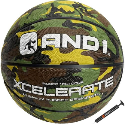 AND1 Xcelerate Rubber Basketball: Official Regulation Streetball, Made for Indoor/Outdoor Games - color: Green Camo, style: Basketball w/ Pump