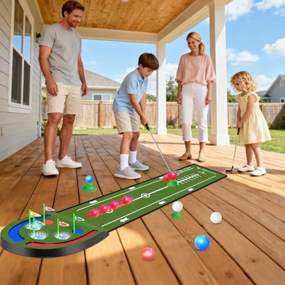 VATOS Upgraded Golf Putting Mat Indoor for kids - Golf Game Set with LED Balls, Glow Cups, Irons & Putters, Portable Putting Green Outdoor for Home Backyard Office Party, Golfing Gifts for Kids Adults