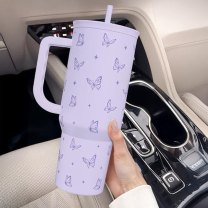 Butterfly Gifts for Women, Purple Butterfly Tumbler with Handle, Stainless Steel Insulated Coffee Travel Mug Cup, Gifts for Women Girls on Birthday Christmas, 40oz - color: Butterfly