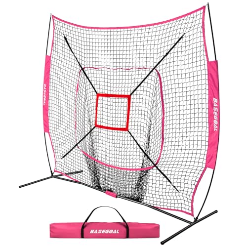 BaseGoal 7'×7' Baseball Softball Practice Net,Baseball Backstop,for Hitting Pitching Batting Catching with Bow Frame,Bonus Strike Zone - style: Purple