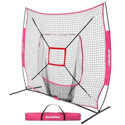 BaseGoal 7'×7' Baseball Softball Practice Net,Baseball Backstop,for Hitting Pitching Batting Catching with Bow Frame,Bonus Strike Zone - style: Purple