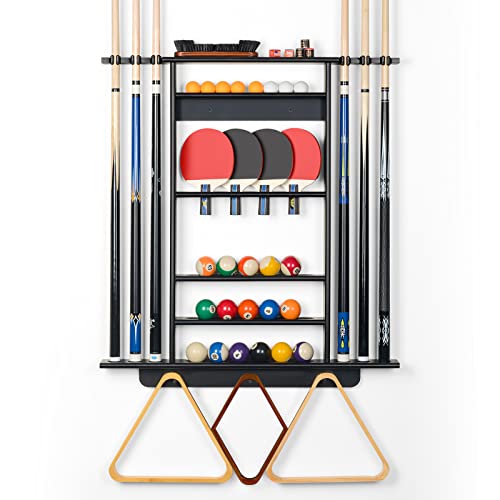 XCSOURCE Pool Stick Holder - 2-IN-1 Pool Cue & Ping Pong Paddle Rack, Solid Pine Wood Wall Mount for Billiards and Table Tennis Accessories, Man Cave, Game Room - color: 2-IN-1 Black