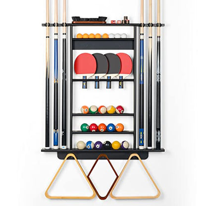 XCSOURCE Pool Stick Holder - 2-IN-1 Pool Cue & Ping Pong Paddle Rack, Solid Pine Wood Wall Mount for Billiards and Table Tennis Accessories, Man Cave, Game Room - color: 2-IN-1 Black