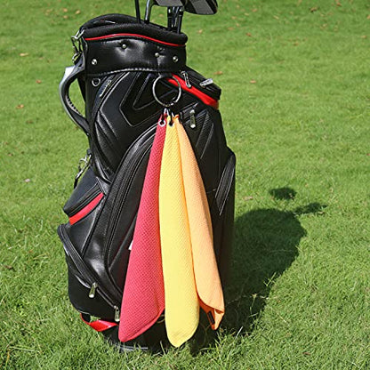 Handy Picks Microfiber Golf Towel (16" X 16") with Carabiner Clip, Waffle Pattern Golf Towel Hook and Loop Fastener - The Convenient Golf Cleaning Towel - color: Red/Yellow/Orange