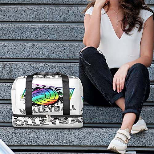 AUUXVA Rainbow Volleyball Sports Gym Duffel Bag with Shoes Compartment, Sport Ball Travel Bag for Men, Women, Boys, Girls, Teens, Overnight, Weekend, Yoga, Workout, Training Handbag
