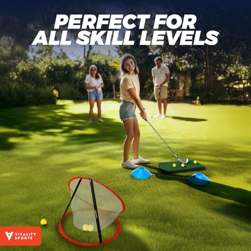 Vitality Sports Golf Chipping Net, 3PCS Pop-Up Golf Practice Net for Backyard, Indoor Outdoor Chipping Game with 3 Targets, 1 Hitting Mat, 20 Balls, Tee Box - style: Golf Net & Mat