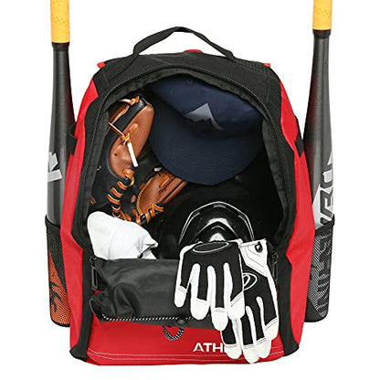 Athletico Youth Baseball Bag - Bat Backpack for Baseball, T-Ball & Softball Equipment & Gear | Holds Bat, Helmet, Glove | Fence Hook - color: Red
