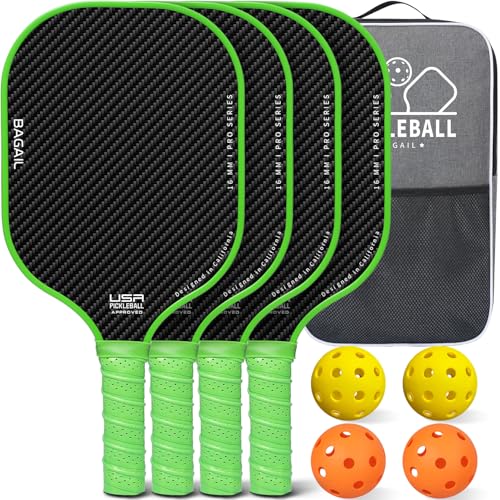 BAGAIL Pickleball Paddles, USAPA Approved Fiberglass Surface Pickleball Set, Lightweight Pickle Ball Rackets with 4 Balls, 1 Bag, Designed in California for Traction and Stability - color: Green, size: 4-pack