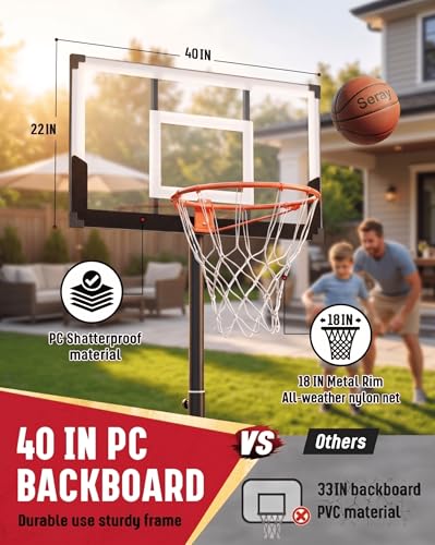 Seray Family Basketball Hoop Outdoor 3.3-10ft Adjustable, Safety Portable Basketball Hoop for Kids/Adults/Family in Poolside/Backyard/Indoor/Court, 40 in Shatterproof Backboard and Enlarged Base