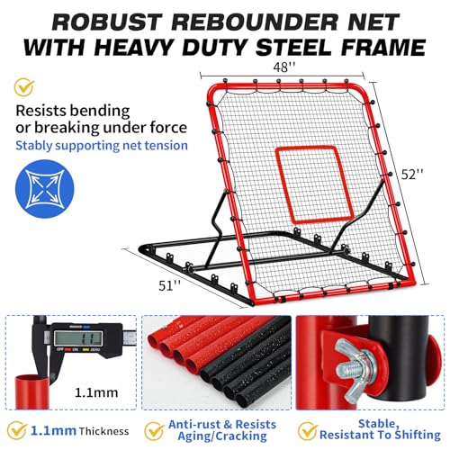 5-Angle Baseball Rebounder Net Bounce Back Net Solo Fielding Trainer 48x52 Inch, Multi-Sport Pitch Back for Ground, Line Drive, Fly Ball with Stable Frame, 45-PLY Net, Carry Bag - color: Red