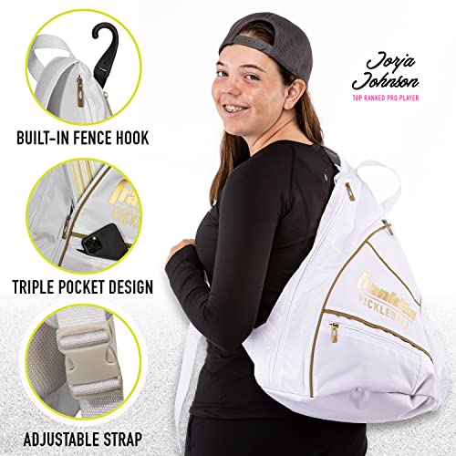 Franklin Sports Pickleball Bags - Sling Bag Backpack for Gear + Equipment - Men + Women - Holds Paddles, Balls + Accessories - color: White/Gold
