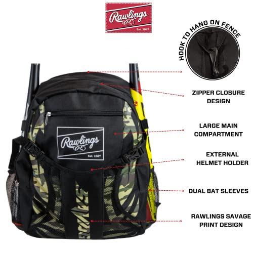 Rawlings | SAVAGE Backpack Equipment Bag | T-Ball/Youth Baseball & Softball | Multiple Styles - color: Black / Camo