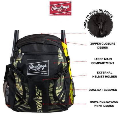 Rawlings | SAVAGE Backpack Equipment Bag | T-Ball/Youth Baseball & Softball | Multiple Styles - color: Black / Camo