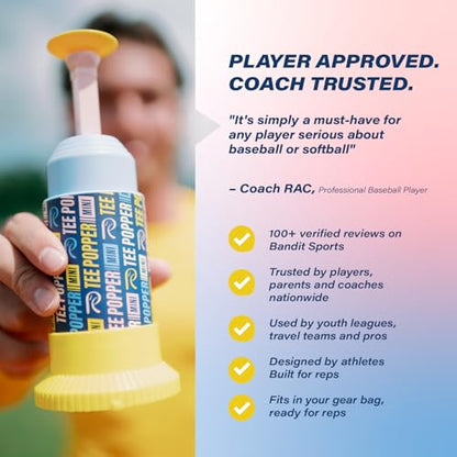 Bandit Sports Coach RAC Tee Popper Mini, Hitting Tee for Perfect Swings, Batting Machine for Practicing Hitting Without a Pitcher Blue