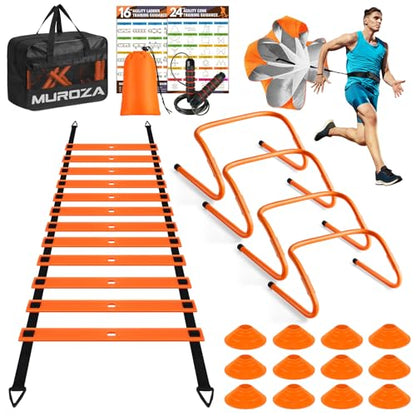 Agility Ladder Speed Training Equipment Set, Kids Soccer Goals for Backyard Set, 20ft Agility Ladder,12 Soccer Cones,4 Hurdles, Jump Rope, Running Parachute, Basketball Football Soccer Training Equipm