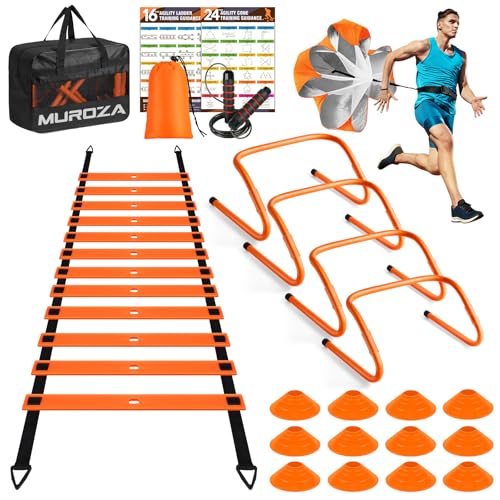MUROZA Agility Ladder, Agility Speed Training Equipment Set, 20ft Speed Ladder, 12 Soccer Cones, 4 Hurdles, Jump Rope, Running Parachute, Soccer Football Basketball Training Equipment Accessories - color: Orange