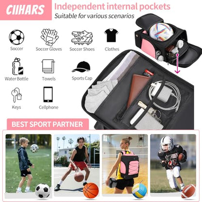 Soccer Bag - Soccer Backpack with Ball Holder,Sport Equipment Bags gifts for soccer stuff Water resistant Includes Separate Cleat Fit Basketball Volleyball Football - color: Hot Pink