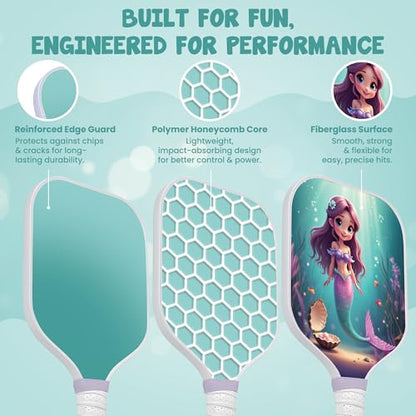 Kids Pickleball Paddle Designed for Ages 3–12 | Lightweight Fiberglass (0.37 lbs) | Small Grip for Easy Control | Fun Beginner Gift for Girls, Toddlers & Youth - color: Mermaid