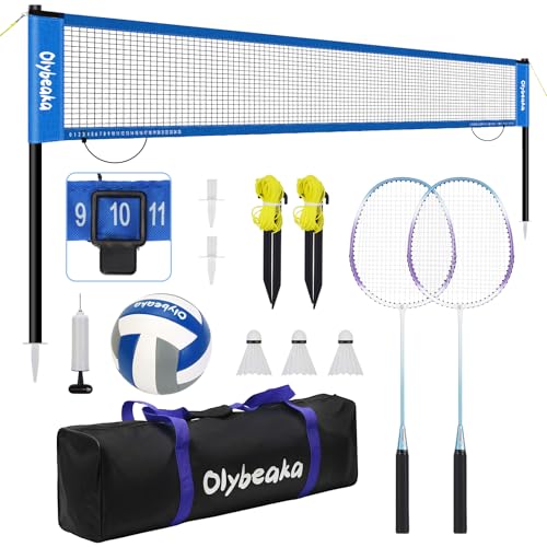 20ft Outdoor Volleyball & Badminton Combo Net Set for Backyard Beach with Adjustable Poles, Durable Anti-Sag Net, PU Volleyball, 2 Aluminum Rackets - color: Blue