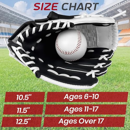 Baseball Glove + Ball Sets, Softball Glove, Baseball Mitt, 10.5''-12.5'' for Youth/Adult Training and Beginner Play, Synthetic Leather Softball Mitt - color: Black,White, size: 10.5"