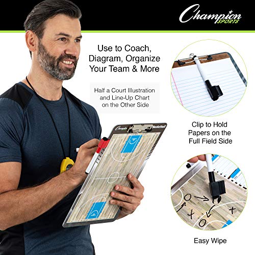 Champion Sports Large & XL Dry Erase Board For Coaching - Whiteboards for Strategizing, Techniques, Plays - 2-Sided Boards with Front Side Full Field - Backside Half Field and Lineup - color: Basketball, style: Standard Coaches Board