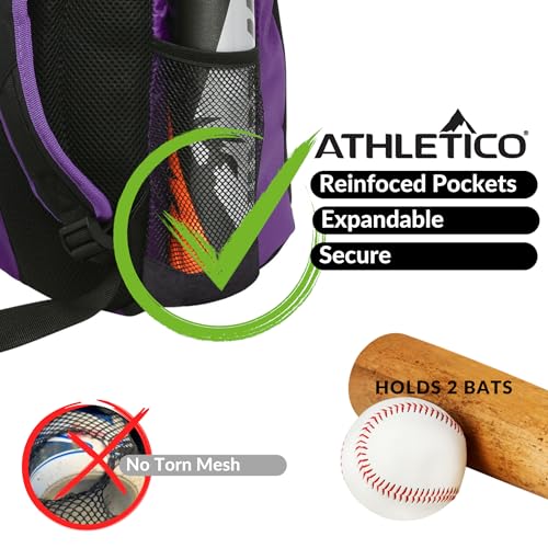 Athletico Youth Baseball Bag - Bat Backpack for Baseball, T-Ball & Softball Equipment & Gear | Holds Bat, Helmet, Glove | Fence Hook - color: Purple