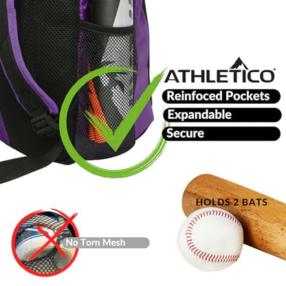 Athletico Youth Baseball Bag - Bat Backpack for Baseball, T-Ball & Softball Equipment & Gear | Holds Bat, Helmet, Glove | Fence Hook - color: Purple