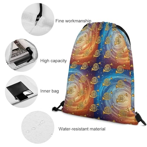 Gym Drawstring Bag Sports Sackpack Waterproof String Backpack with Shoe Compartment for Hiking Swimming Training, Gold French Horns Musical Instrument Blue Yellow Bags - color: Picture (628)