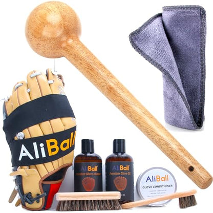 AliBall Baseball Glove Break-in & Care Kit, 8.5 fl oz Glove Oil, 8.5 fl oz Cleaner & 3.52 oz Conditioner, Mallet, Wrap, 2 Brushes & Cloth for Baseball/Softball Mitts - style: Essential Standard Kit