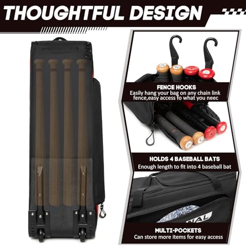 Baseball Bag with Wheels for 4 Bats,Soft Rolling Baseball Bag With Multi-Pockets, Fence Hook, Holds All Baseball Equipment. - color: DK Black