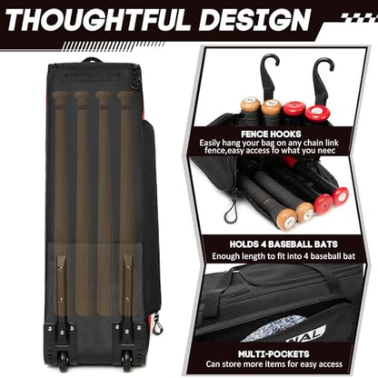 Baseball Bag with Wheels for 4 Bats,Soft Rolling Baseball Bag With Multi-Pockets, Fence Hook, Holds All Baseball Equipment. - color: DK Black