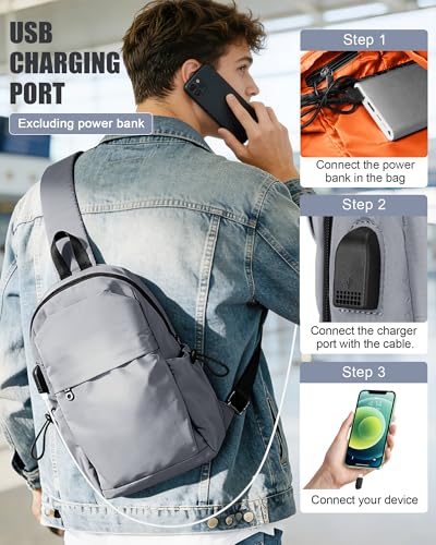 SEAFEW Small Sling Crossbody Backpack for Men Women, Lightweight Shoulder Chest Bag One Strap Back Pack for Hiking Walking Biking Travel Cycling USB Charger Port-Nylon, Grey - color: Grey
