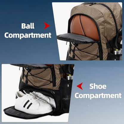 HUA ANGEL Basketball Backpack, Large Sports Bag with Separate Ball Holder & Shoe Compartment, Men/Women Gym Backpack for Basketball Soccer Volleyball - color: Brown