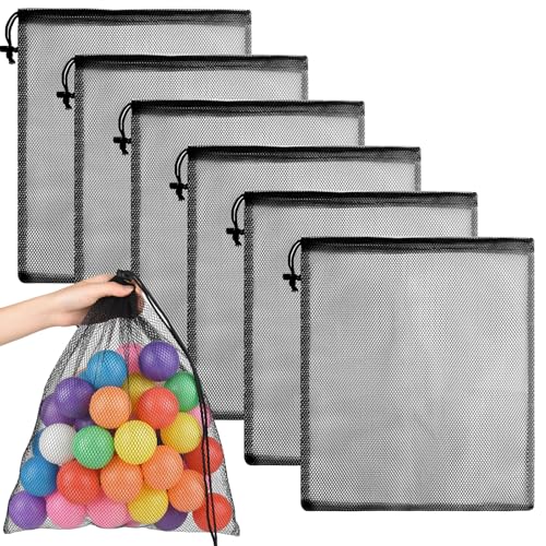 PLULON 6 Pcs Mesh Bag Drawstring Mesh Beach Bags, 18 x 12 Inch Nylon Drawstring Bag for Pool Beach Ball Toys Storage Bag for Collecting Travel Sports Gym (Black) - color: Black