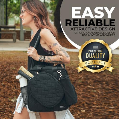 IZARI Designer Pickleball Bag For Women With Fence Hook | Original Stylish Quilted Sports Bag for Pickle Ball with Ball Bag - size: Large