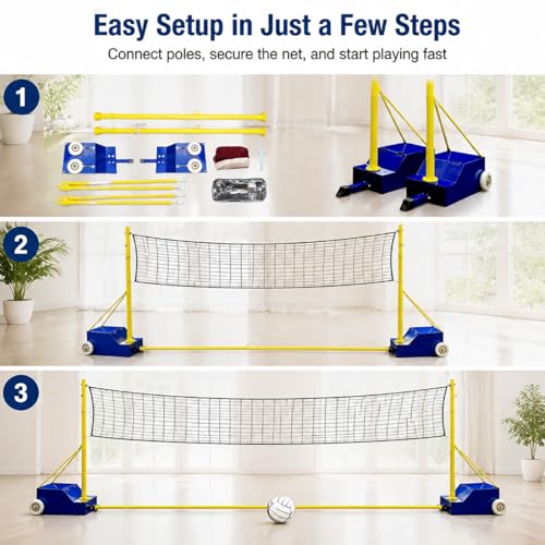 2-In-1Volleyball Poles Indoor&Outdoor,Badminton Net with Wheels Frame Poles W/Volleyball Net/Badminton Netbadminton Net for Backyard Beach Lawn Park