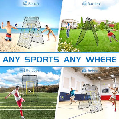 Double Sided Volleyball Rebounder Net, Adjustable Training Equipment Bounce Back Net Practice for Setting Spiking Bumping, Multi-Person Lacrosse, Baseball, Soccer Practicing - 7x4 Ft